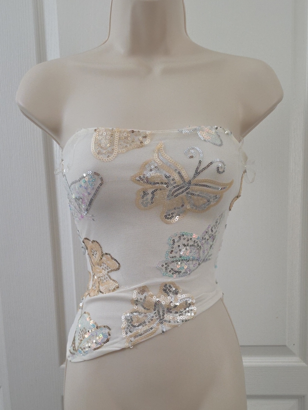 House of Thread | Sequin Sparkly Butterfly Strapless Asymmetrical Hanky hem Top
